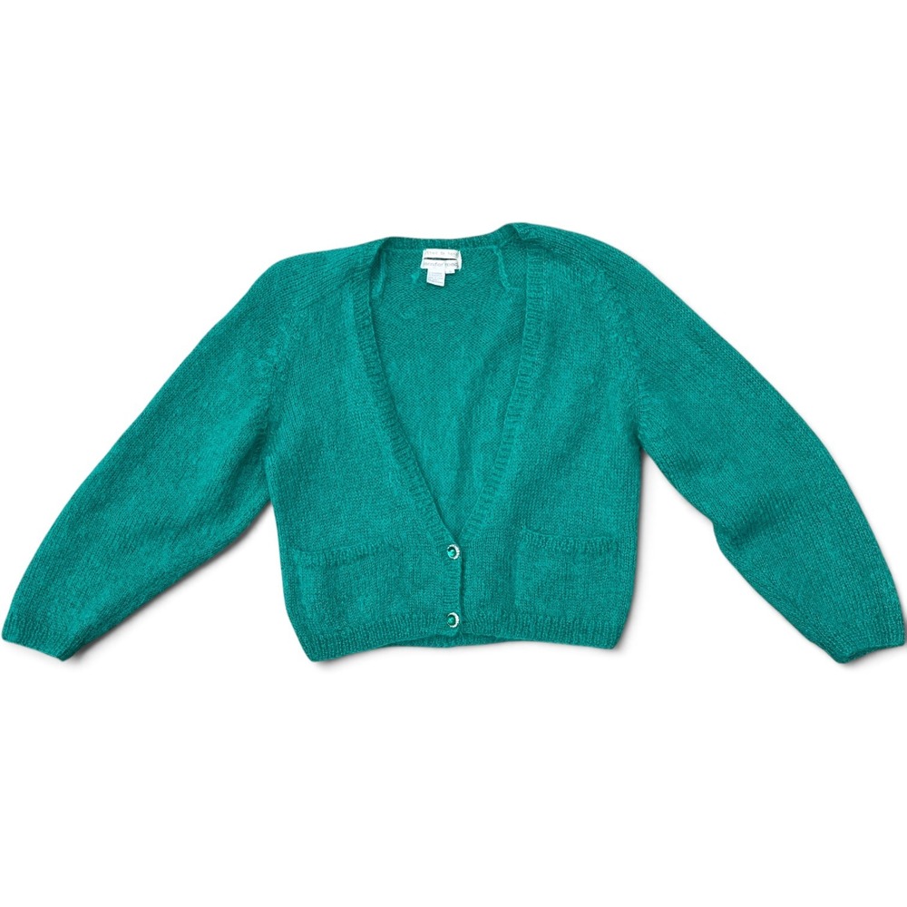 Jennifer Reed Vintage Hand Knit Mohair Cardigan Teal Green Jewel Button Small